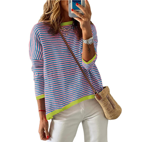 Crew neck striped contrasting color long-sleeved casual sweater m300958