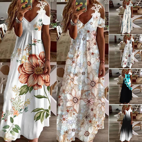 Robe ample imprimée à col en V et bretelles en dentelle pour l'été m301218 