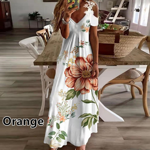 Robe ample imprimée à col en V et bretelles en dentelle pour l'été m301218 