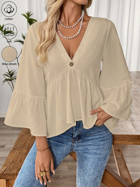 Solid color V-neck lotus leaf sleeve cotton top m302735