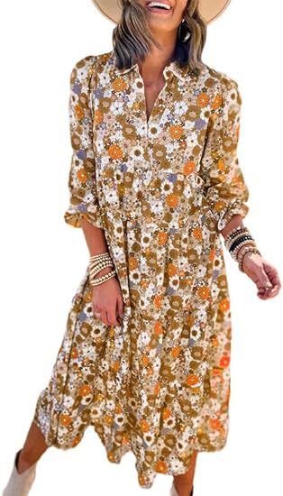 Robe ample à manches longues et col en V pour femme, style bohème, florale, élégante, en forme de A, m300573 