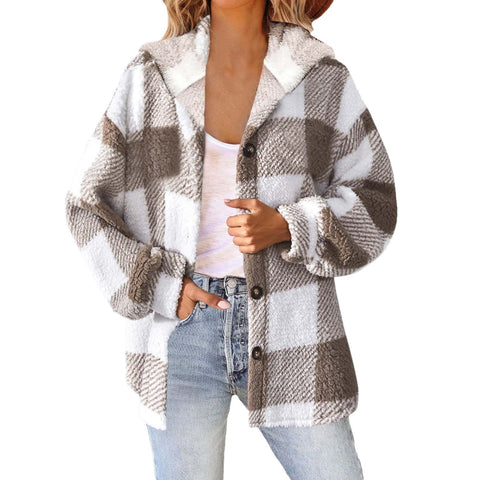 Bedruckte karierte Kapuzenjacke mit Knöpfen, Plüsch-Thermojacke für Damen, m300438 
