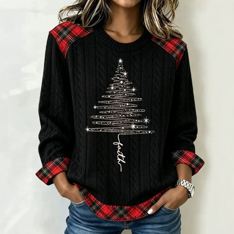 Christmas tree plaid print crew neck long-sleeved casual pullover sweater FF303471