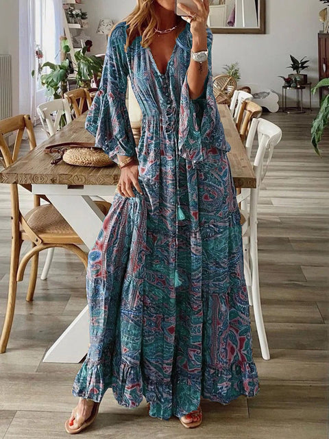Robe de vacances bohème à manches évasées, imprimée, col en V, taille haute, m300709 
