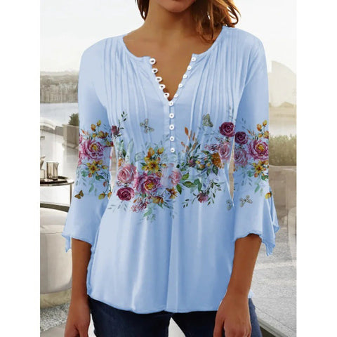 T-shirt imprimé à col en V et manches courtes, boutonné et plissé, m300032 