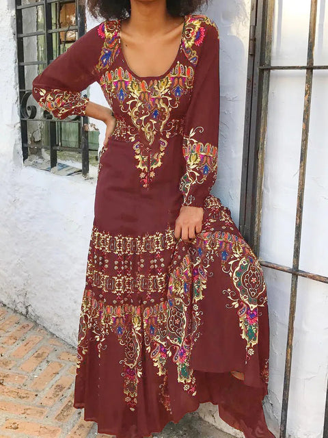 Robe élégante à manches longues, imprimé automne, col en U, style vacances balnéaires, m300927 