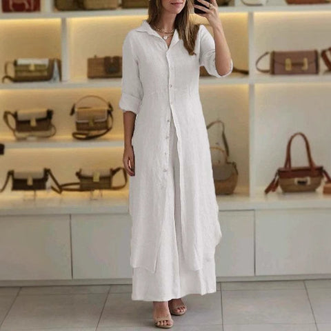Ensemble élégant en coton et lin, coupe ajustée, chemise à manches longues et pantalon large m301063 