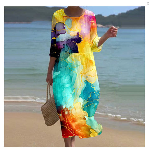 Robe longue à col ras du cou pour femme, imprimée, décontractée, tendance, m301059
