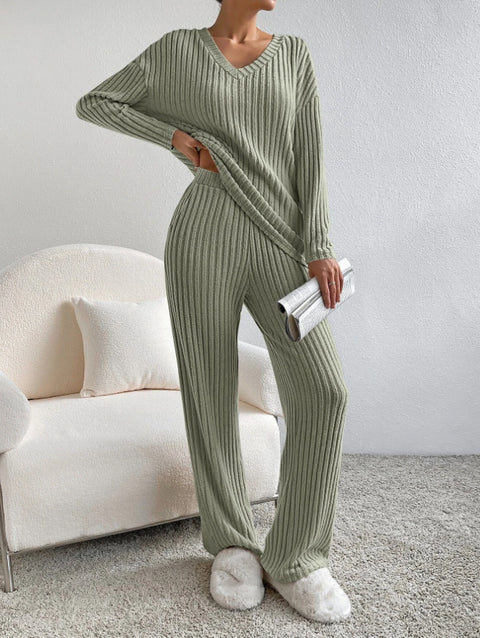 Gerade Hose Temperament locker V-Ausschnitt Grubenstreifen Strickbezug m301375 