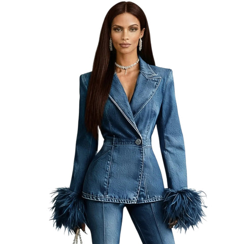 Denim jacket long sleeve waist suit collar ostrich hair decorative fashion temperament top FF303451