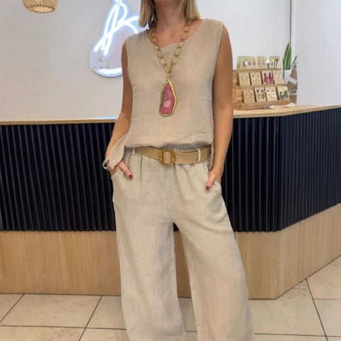 Women's cotton and linen solid color sleeveless trousers 2-piece set m302325