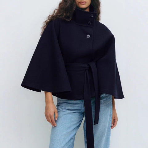 Stand-up collar waist thin lace-up solid color woolen coat women's m302333