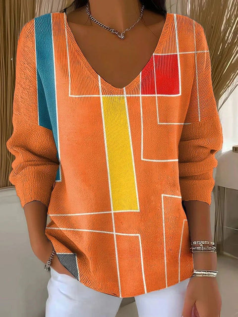 Shoulder V-Neck Long Sleeve Pullover 3D Digital Printing Women's Top T-Shirt m302616