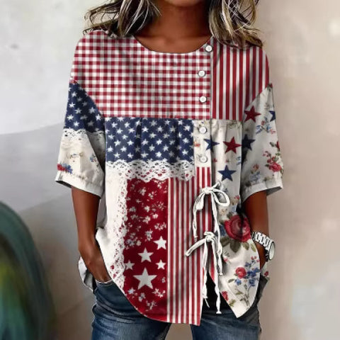 Color matching loose blouse five-button drawstring shirt m302758