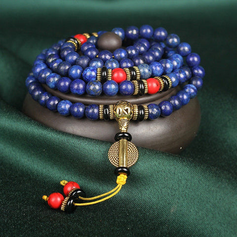 Bracelet Bouddha en lapis-lazuli, 108 perles et turquoise rouge m3331230