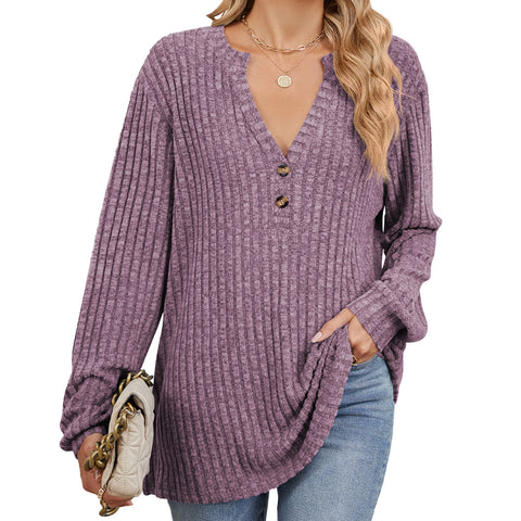 Autumn and winter new solid color pit strip polished button loose long-sleeved T-shirt women's m301772