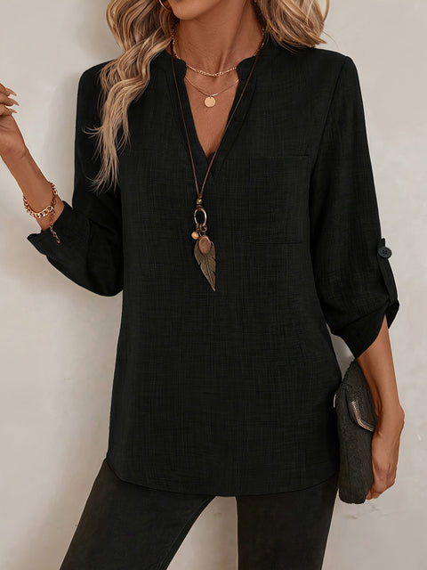 Solid color women's fashion casual nine-quarter sleeve notched V-neck shirt women's m301749