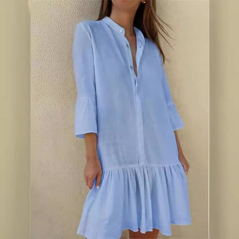 Robe chemise boutonnée à col montant et manches 9/4 en coton avec ourlet plissé m300679 