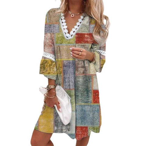 Robe bohème décontractée à col en V et coutures en dentelle imprimées, style vacances M300213 