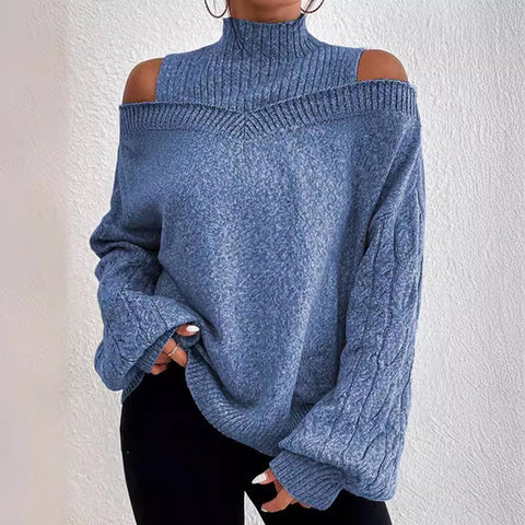 Schulterfreier Halbrollkragenpullover locker gestrickter Pullover Damen m300502 