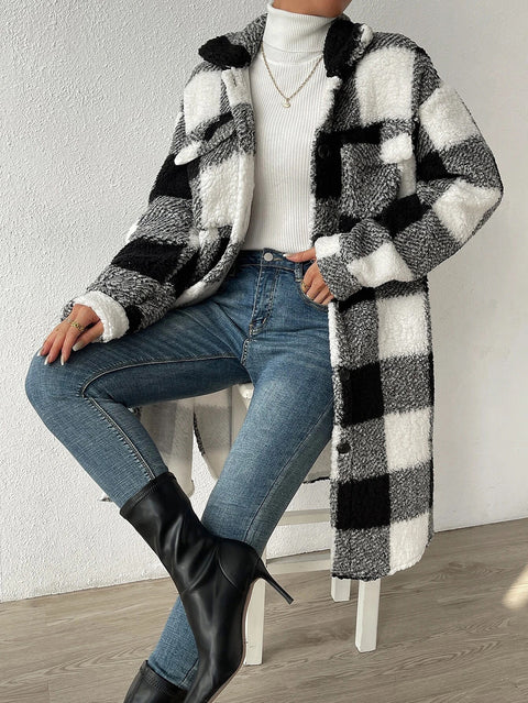 Veste à carreaux en peluche à revers ouvert pour femme, manteau long et ample, style banlieue, m300360 