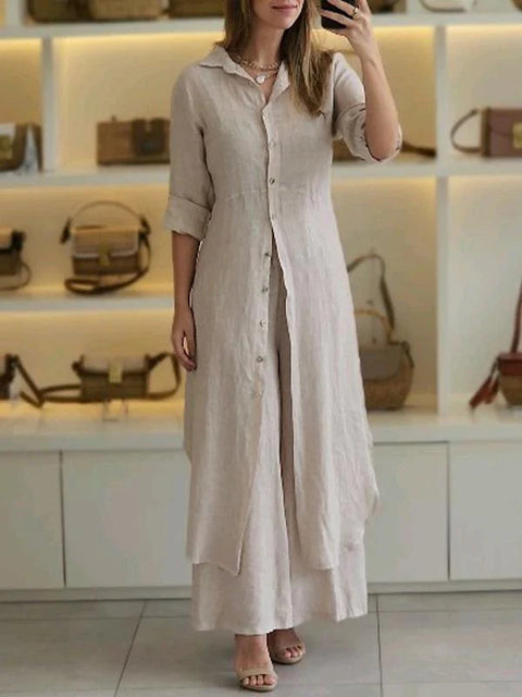 Ensemble élégant en coton et lin, coupe ajustée, chemise à manches longues et pantalon large m301063 