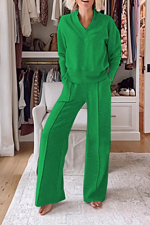 Zweiteiliges Set mit V-Ausschnitt, langärmeligem, lockerem Oberteil und Hose mit weitem Bein, m301327 