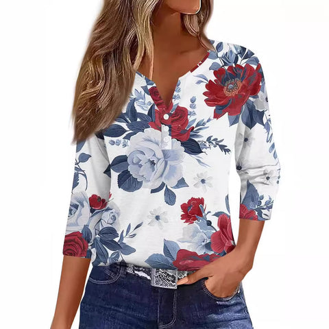 Vêtements pour femmes à motif marbré, col en V, trois boutons, manches sept-quarts, m300581 