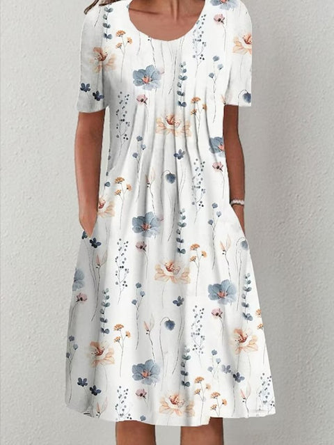 Robe mi-longue à imprimé floral, col rond, poches, printemps/été, pour femme, m300037 