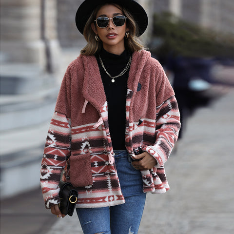 Veste polaire autrichienne double face moyenne et longue à capuche et manches longues avec boucle en corne géométrique m300395 