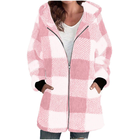 Long Sleeve Plaid Hooded Zipper Pocket Loose Jacket m302168