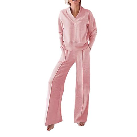 Zweiteiliges Set mit V-Ausschnitt, langärmeligem, lockerem Oberteil und Hose mit weitem Bein, m301327 