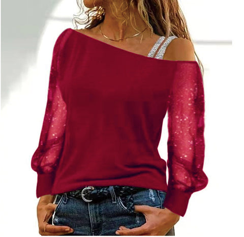 T-shirt à manches longues et épaules dénudées, col diagonal, tendance, base à épaules dénudées, M300176 