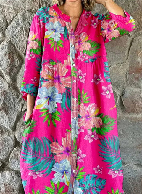 Robe chemise ample à col ras du cou et manches longues pour femme, imprimée, de qualité supérieure, m301050