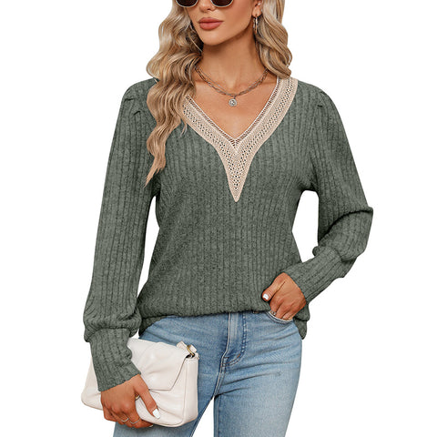 T-shirt ample à manches longues et col en V pour femme, en dentelle, avec bandes sous les aisselles, poli, ample, m300519 