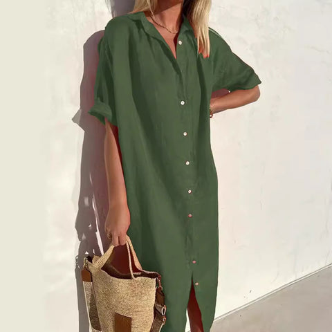 Robe chemise élégante, décontractée, ample, à manches courtes, en coton et lin, avec poches longues, m301256 
