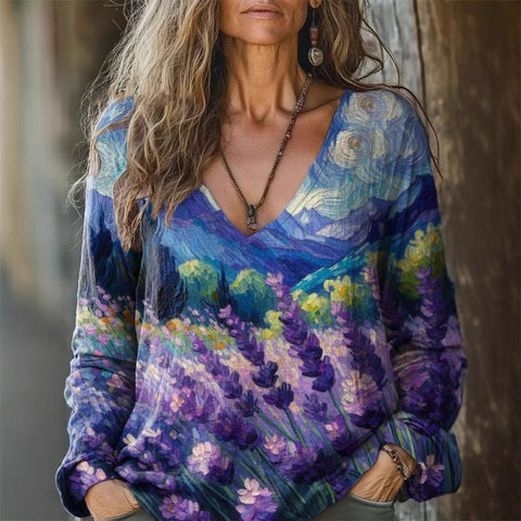 Casual V-Neck Long Sleeve Pullover Digital Printing Women's Upper T-Shirt m303120