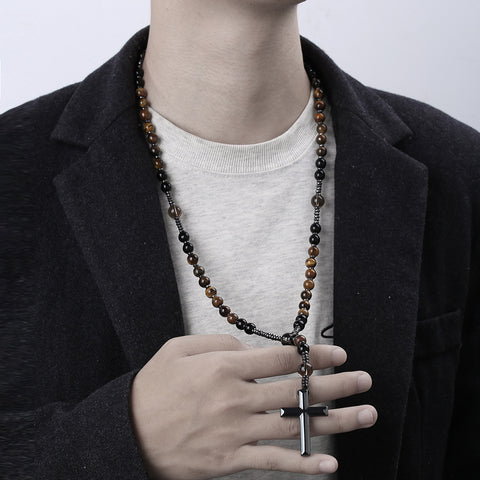 Collier hip hop en pierre naturelle noire, œil de tigre jaune, croix en pierre de fer, m3331291 