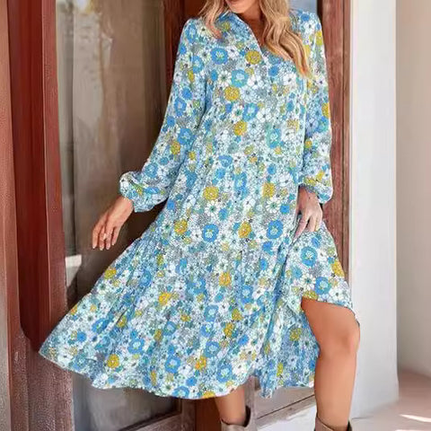Robe ample à manches longues et col en V pour femme, style bohème, florale, élégante, en forme de A, m300573 
