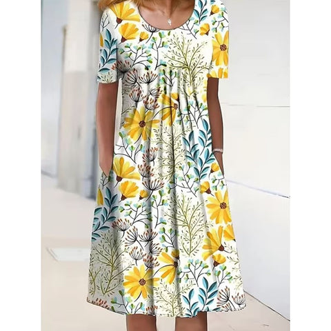 Robe mi-longue à imprimé floral, col rond, poches, printemps/été, pour femme, m300037 