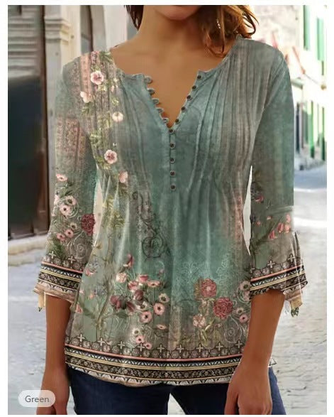 T-shirt imprimé à col en V et manches courtes, boutonné et plissé, m300032 