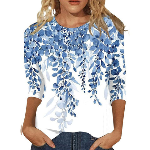 Pull ras du cou à manches sept-quarts et imprimé 3D de fleurs et de plantes m300615 