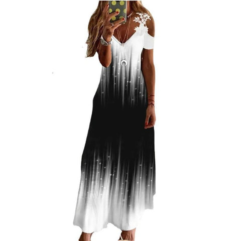 Robe ample imprimée à col en V et bretelles en dentelle pour l'été m301218 