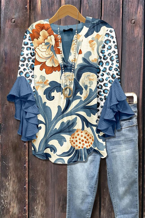 Creative floral element printing digital printing casual trend V-neck lotus edge T-shirt women's top m301778