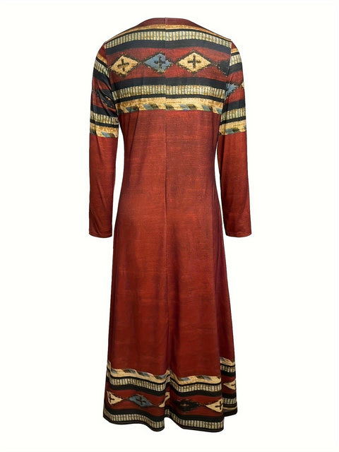 Robe longue à imprimé géométrique et col rond, style rétro ethnique, m300711 