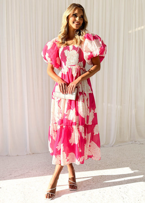 Robe élégante à imprimé floral, épaules dénudées, manches bouffantes, M300289 