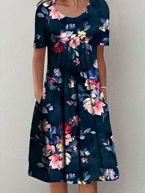 Robe mi-longue à imprimé floral, col rond, poches, printemps/été, pour femme, m300037 