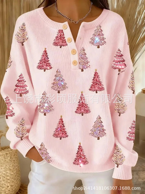 New Christmas sweater casual print cute button-up women's top FF303407