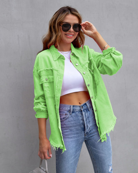 Veste en jean déchirée à ourlet brut, haut décontracté à manches longues et col polo M300220 