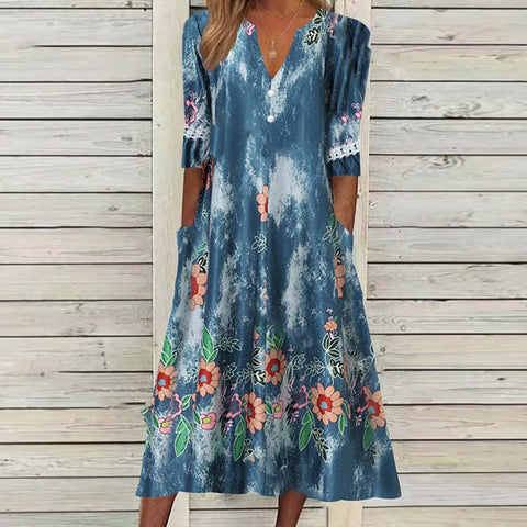 Bedrucktes Kleid mit halblangen Knöpfen M300188 
